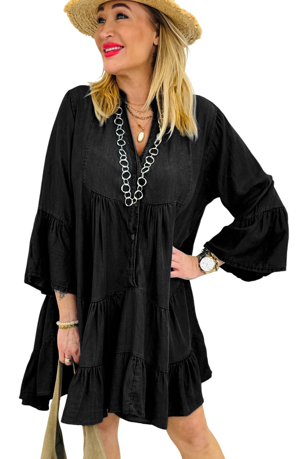 Black Chambray Ruffled 3/4 Sleeve Tiered Split V Neck Mini Dress Mini Dresses JT's Designer Fashion