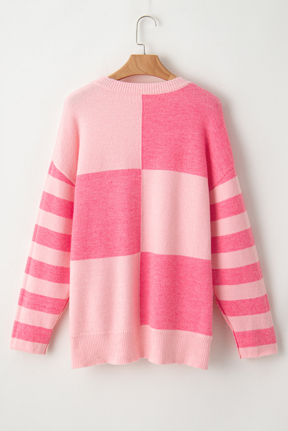 Pink Checkered Colorblock Striped High Low Loose Sweater Sweaters JT's Designer Fashion
