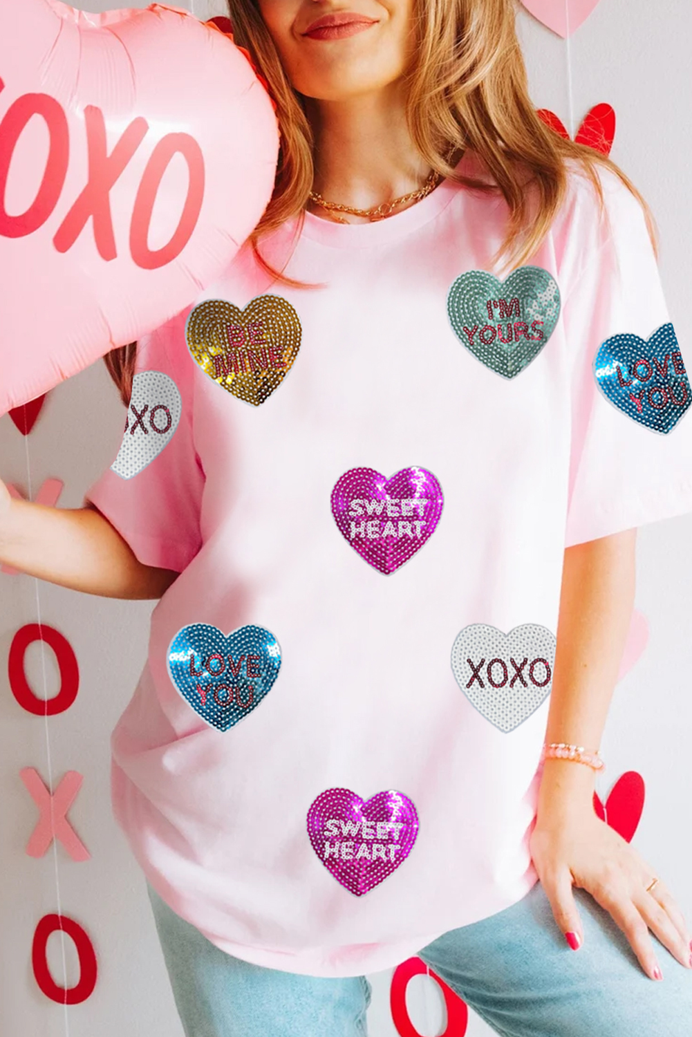 Pink Sequin Valentines Lettering Heart Patched Crewneck T Shirt Graphic Tees JT's Designer Fashion