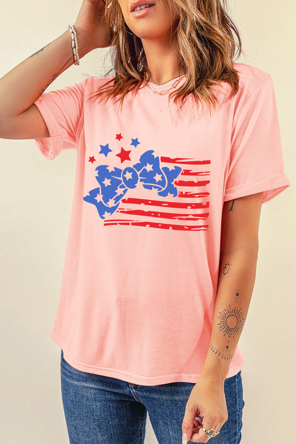 Pink Stars and Stripes Bow Knot Crew Neck T Shirt Graphic Tees JT's Designer Fashion