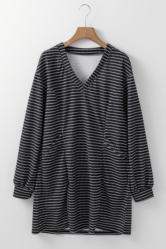 Black Striped V Neck Long Puff Sleeve Shift Dress Mini Dresses JT's Designer Fashion