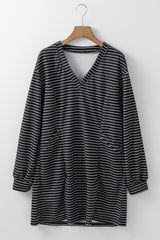 Black Striped V Neck Long Puff Sleeve Shift Dress Mini Dresses JT's Designer Fashion