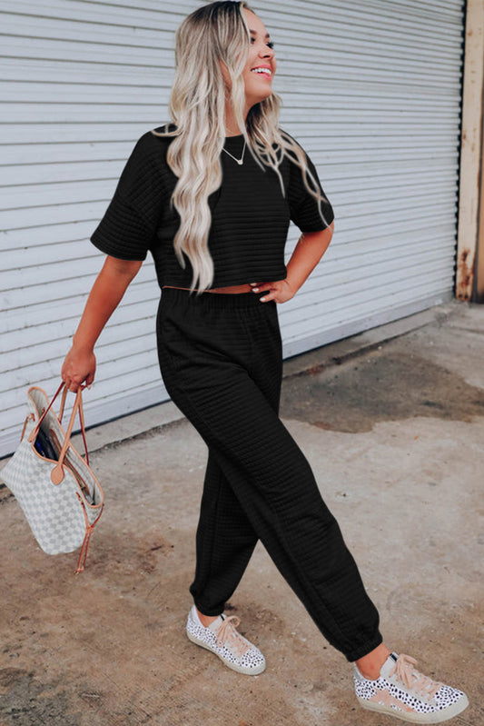 Black Lattice Textured Cropped Tee and Jogger Pants Set Bottoms JT's Designer Fashion