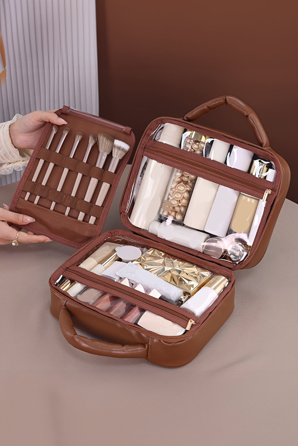 Black Checkered Multiple Compartments PU Leather Cosmetic Bag Makeup Bags JT's Designer Fashion