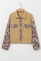 Khaki Waffle Knit Floral Print Patchwork Button up Jacket Jackets JT's Designer Fashion