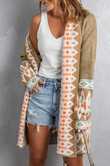 Khaki Aztec Print Open Front Knitted Cardigan Sweaters & Cardigans JT's Designer Fashion