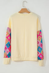 Apricot Geometric Printed Patchwork Long Sleeve Round Neck Top Long Sleeve Tops JT's Designer Fashion
