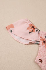 Pink Floral V Neck Smocked High Waist Ruffle Hem Long Dress Maxi Dresses JT's Designer Fashion