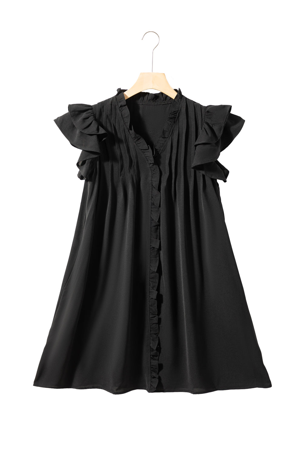 Black Ruffle Sleeve V Neck Frilled Shift Dress Mini Dresses JT's Designer Fashion