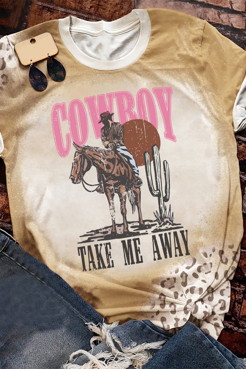 Khaki Western Cowboy TAKE ME AWYA Bleached Graphic T Shirt Graphic Tees JT's Designer Fashion