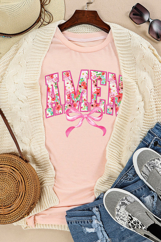 Pink Floral AMEN Bow Graphic Crewneck T Shirt Graphic Tees JT's Designer Fashion