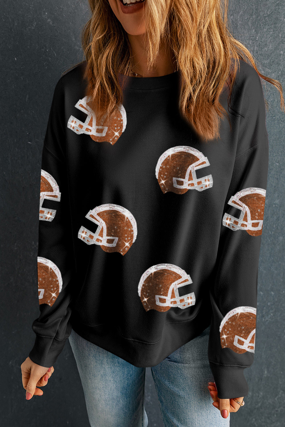 Black Sequin Rugby Football Helmet Graphic Game Day Sweatshirt Black 50%Polyester+50%Cotton Graphic Sweatshirts JT's Designer Fashion