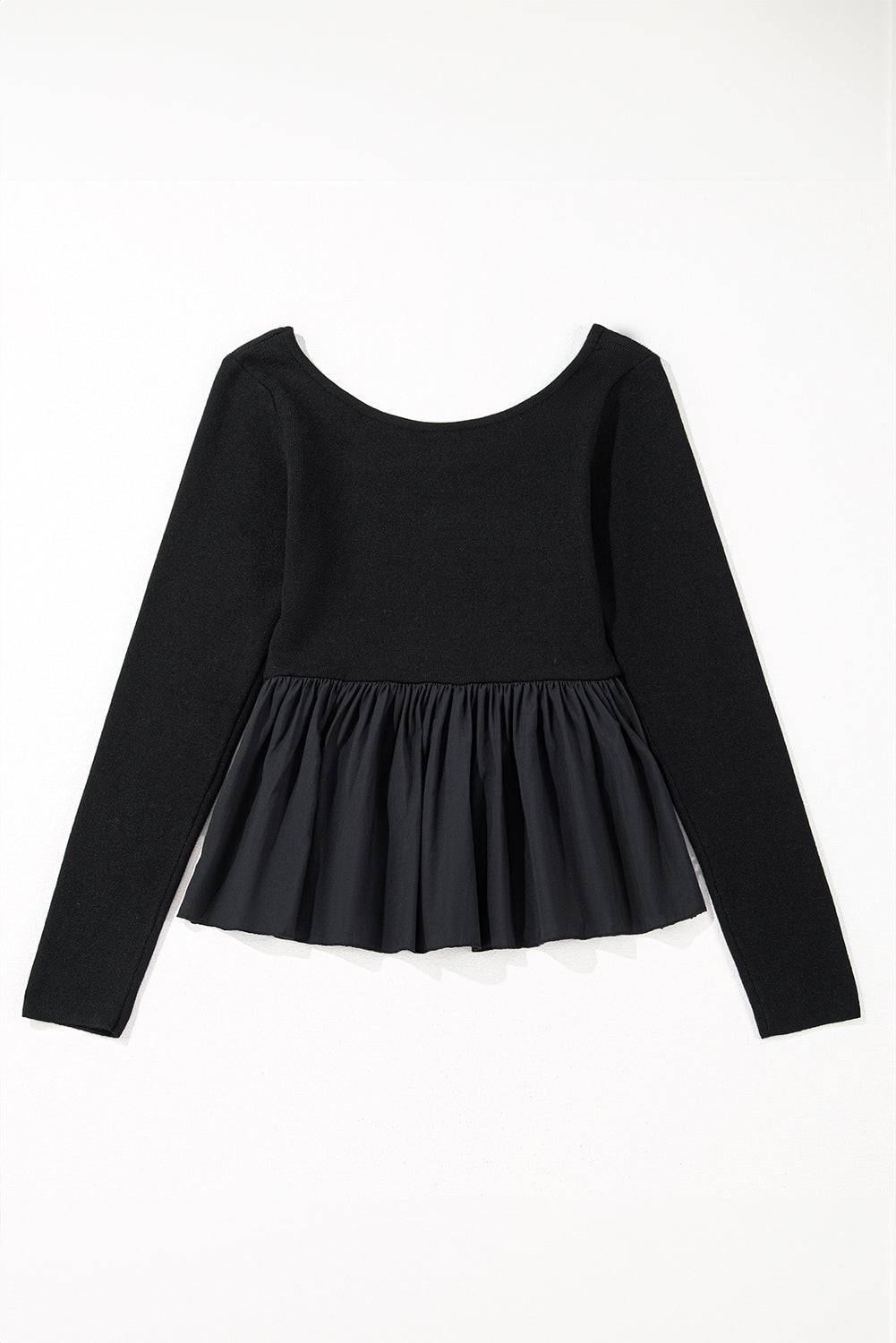 Black Ribbed Knit Long Sleeve Scoop Neck Peplum Patchwork Top Long Sleeve Tops JT's Designer Fashion