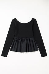 Black Ribbed Knit Long Sleeve Scoop Neck Peplum Patchwork Top Long Sleeve Tops JT's Designer Fashion