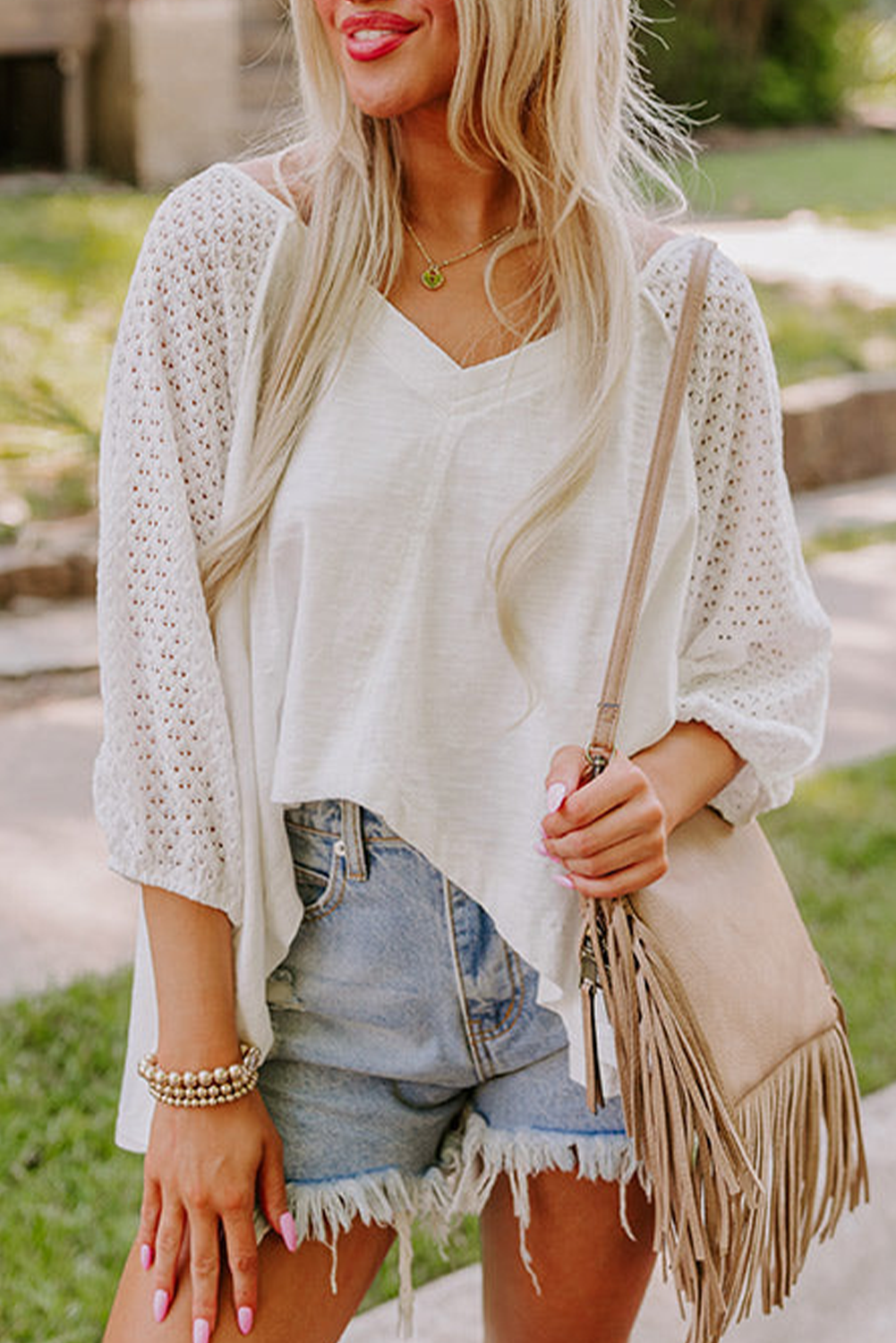 White Eyelet Patchwork High Low Hem V Neck Oversized Top Long Sleeve Tops JT's Designer Fashion