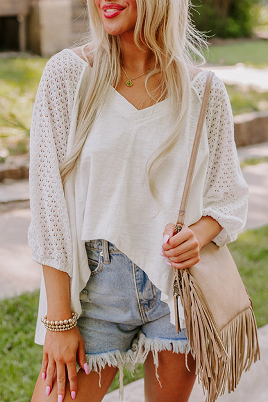 White Eyelet Patchwork High Low Hem V Neck Oversized Top Long Sleeve Tops JT's Designer Fashion