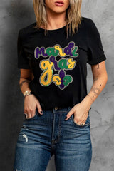 Black Chenille Mardi Gras Letter Graphic Tee Graphic Tees JT's Designer Fashion