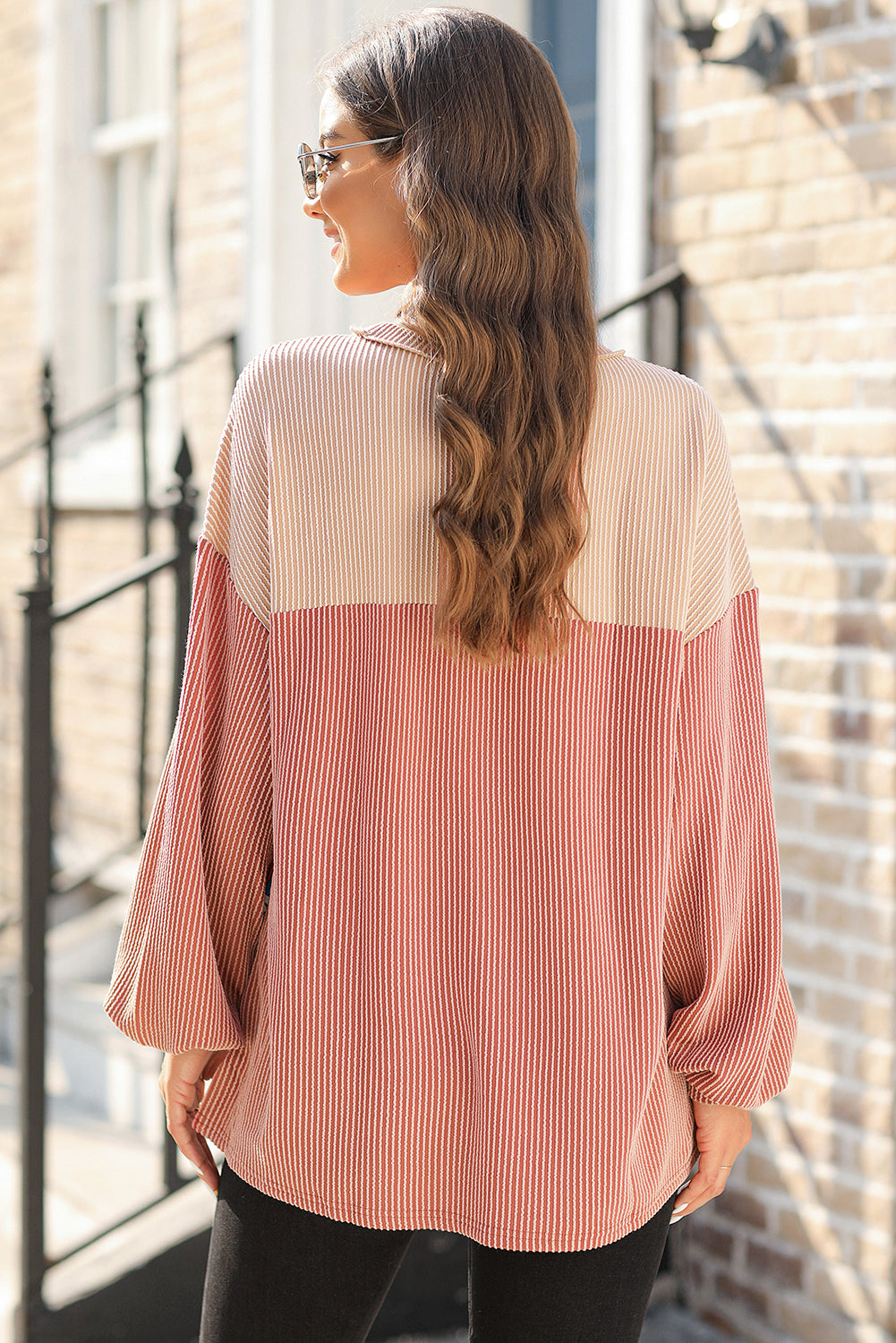 Printed Floral Contrast Colorblock Ribbed Top Long Sleeve Tops JT's Designer Fashion