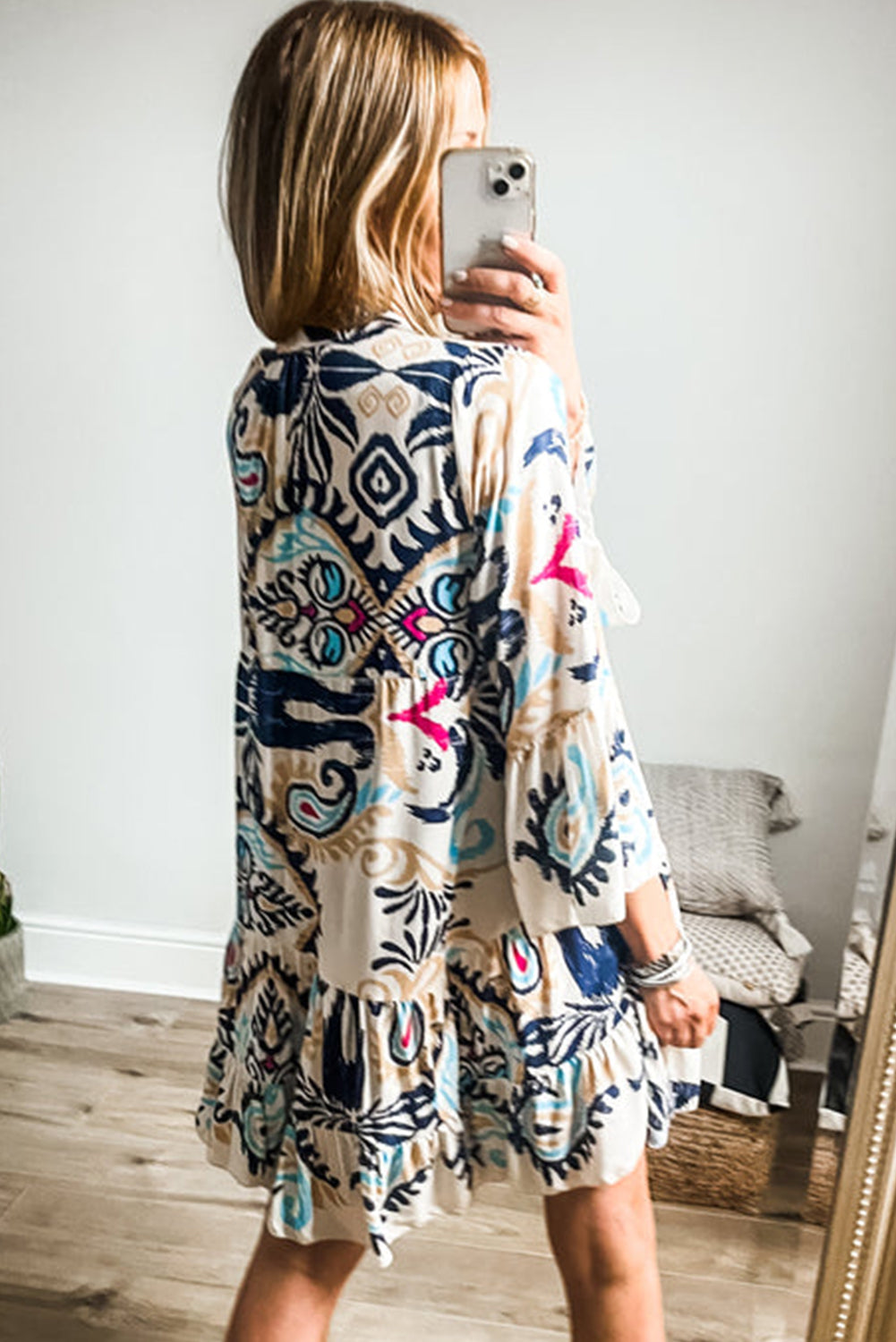 White Printed Tribal Bracelet Sleeve Buttoned Mini Dress Mini Dresses JT's Designer Fashion