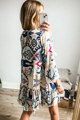 White Printed Tribal Bracelet Sleeve Buttoned Mini Dress Mini Dresses JT's Designer Fashion