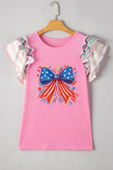 Bonbon Independence Celebration Bowknot Graphic Ruffled Sleeve Ribbed Summer Top Graphic Tees JT's Designer Fashion
