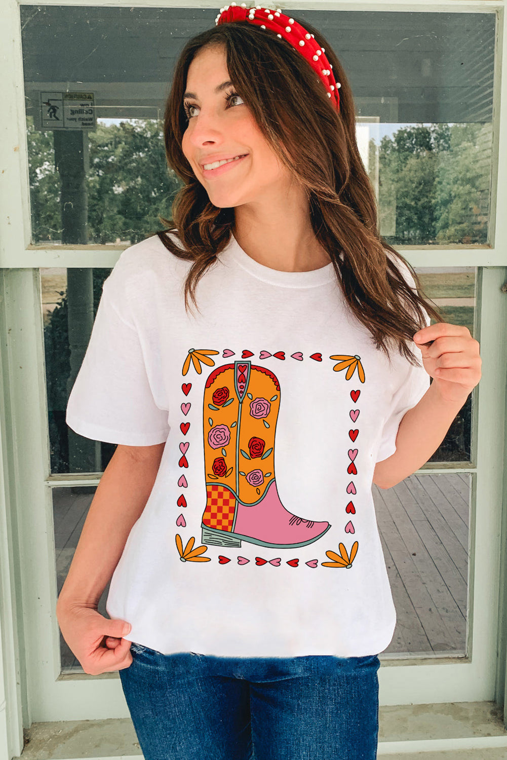 White Floral Cowgirl Boots Printed Casual T Shirt Graphic Tees JT's Designer Fashion