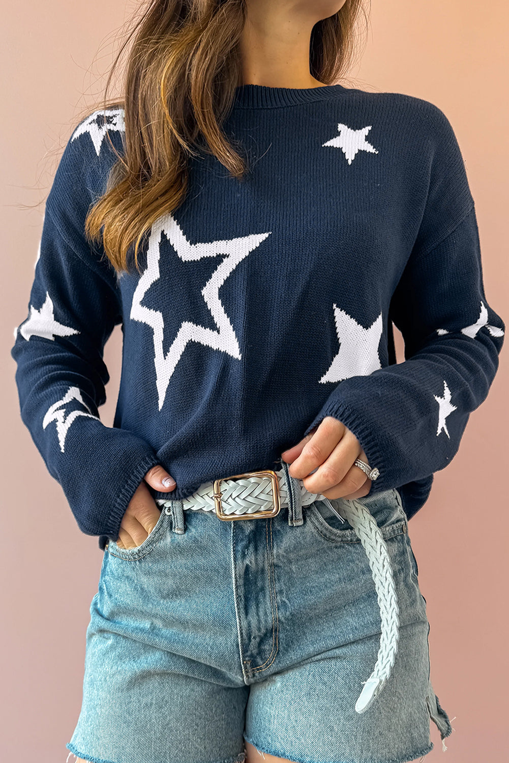 Sail Blue Star Pattern Drop Shoulder Knitted Sweater Sail Blue 100%Cotton Sweaters JT's Designer Fashion