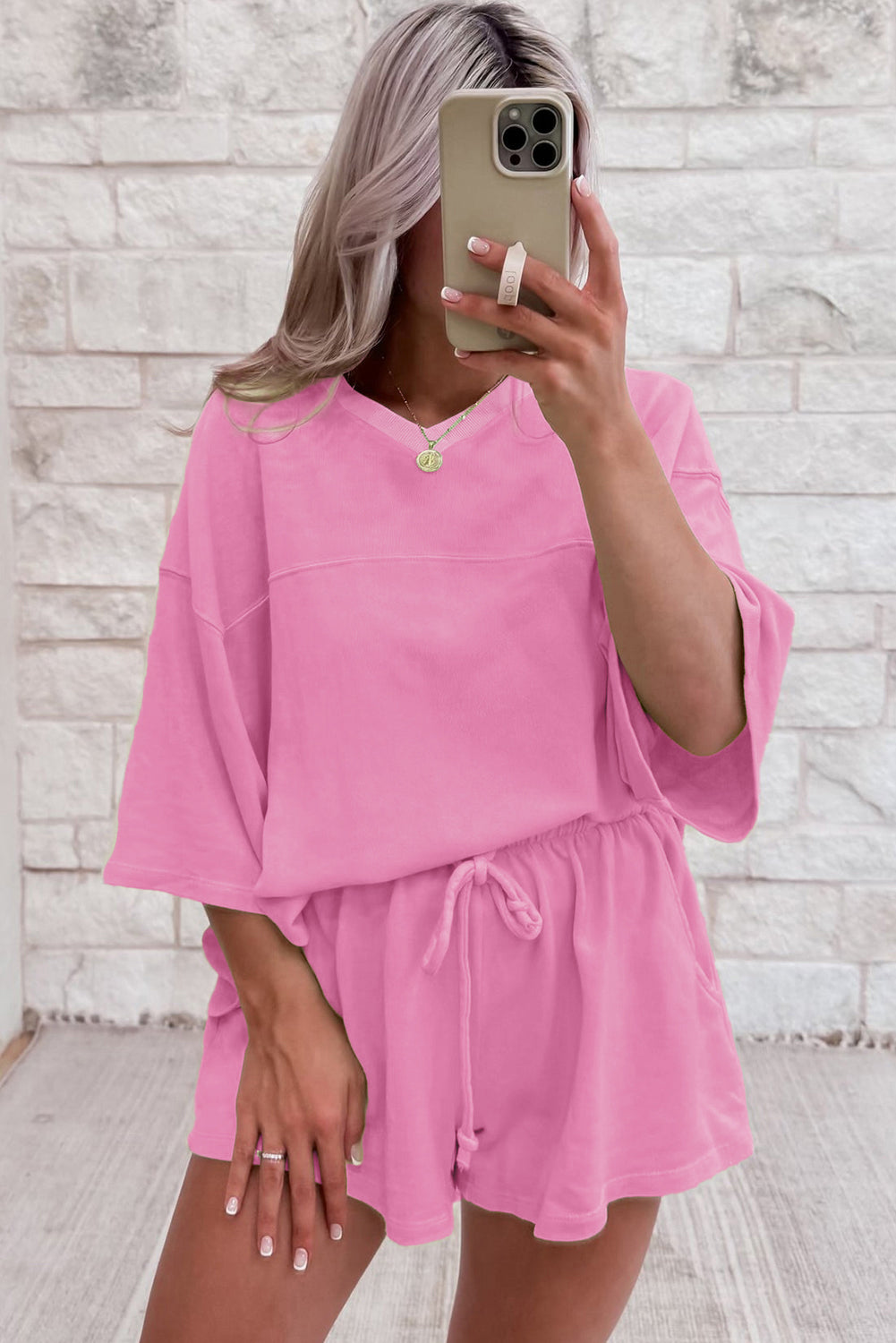 Bonbon Solid Loose V Neck Half Sleeve Tee and Shorts Short Sets JT's Designer Fashion