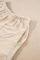 Parchment Corded Knit Long Sleeve Top and High Waist Shorts Set Short Sets JT's Designer Fashion