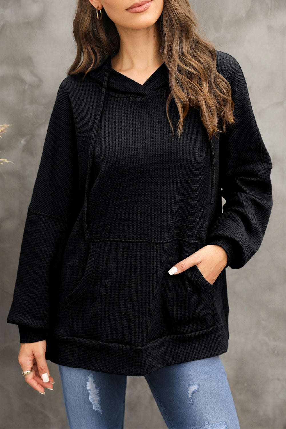 Black Waffle Knit Fleece Lined High Low Oversized Hoodie Sweatshirts & Hoodies JT's Designer Fashion