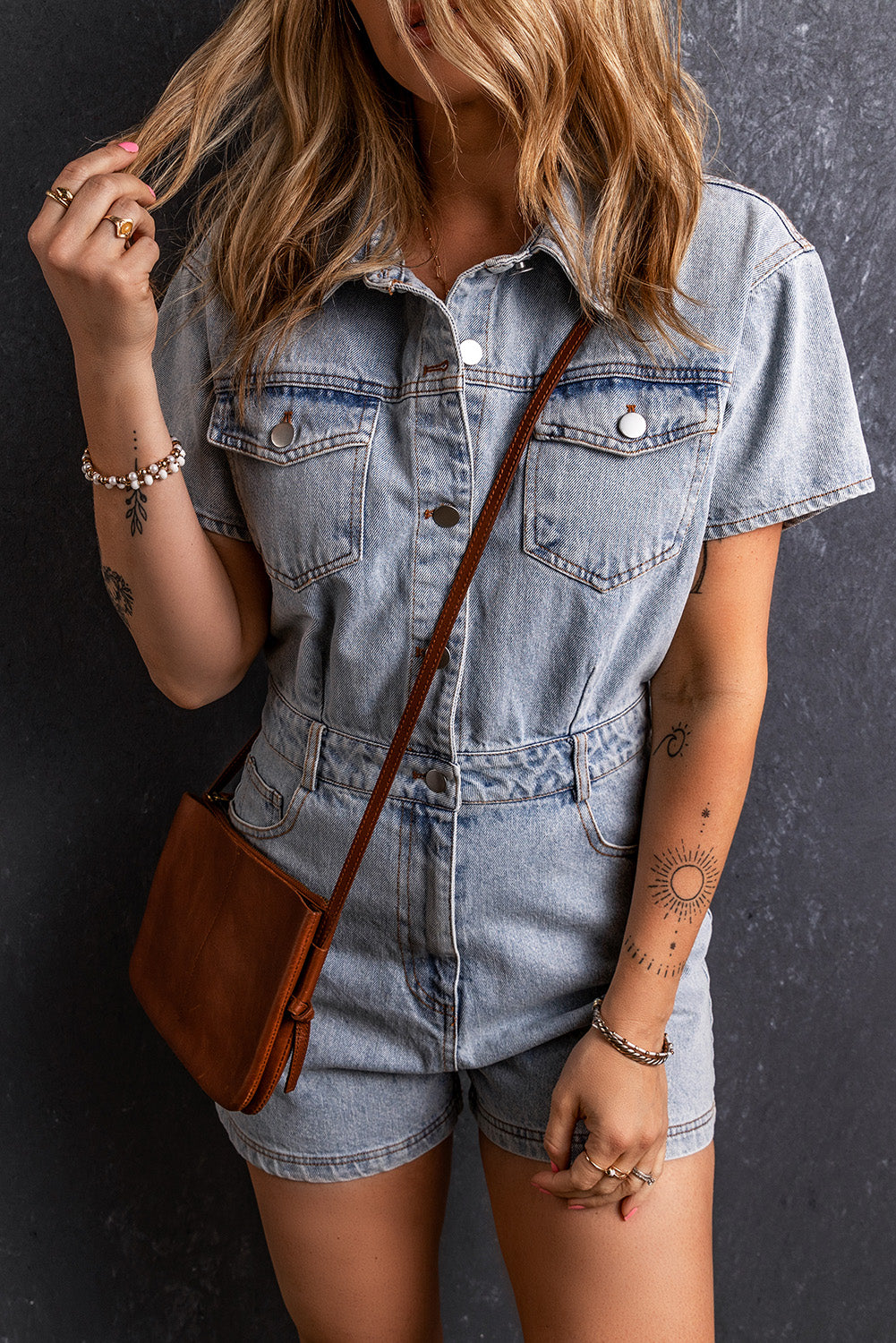 Light Blue Vintage Washed Buttons Pocketed Denim Romper Bottoms JT's Designer Fashion