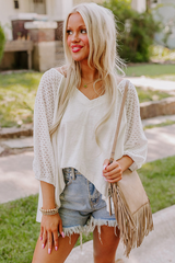 White Eyelet Patchwork High Low Hem V Neck Oversized Top Long Sleeve Tops JT's Designer Fashion