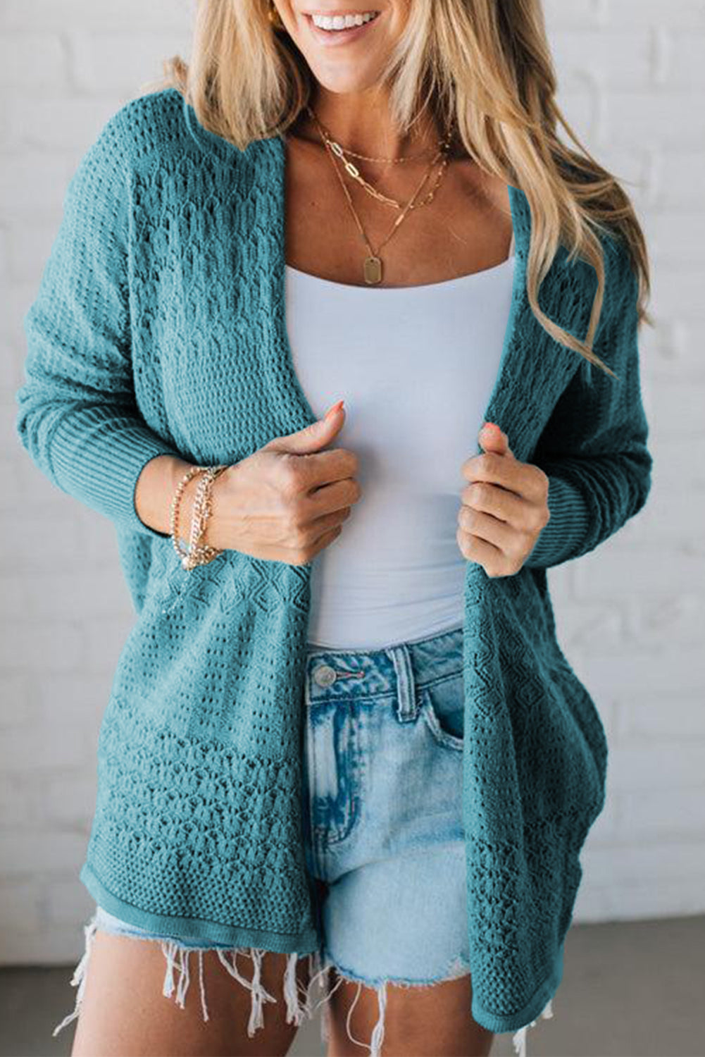 Lapis Mix Pattern Hollowed Knit Open Front Cardigan Lapis 55%Acrylic+45%Cotton Cardigans JT's Designer Fashion