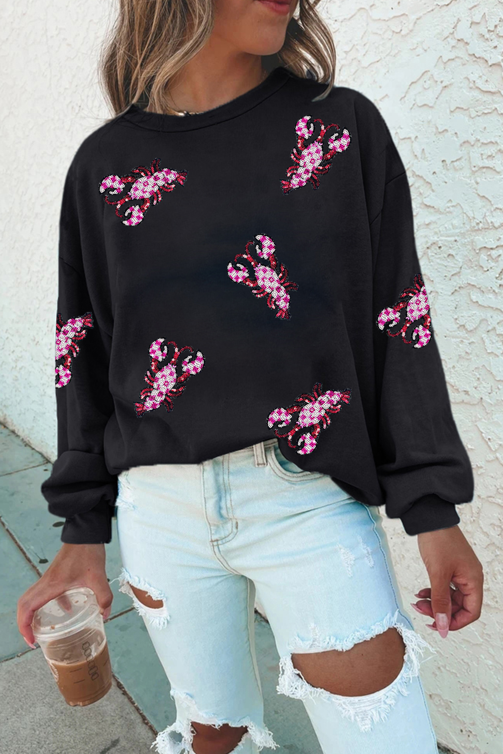 Black Sequined Crawfish Graphic Drop Shoulder Sweatshirt Black 50%Polyester+50%Cotton Graphic Sweatshirts JT's Designer Fashion