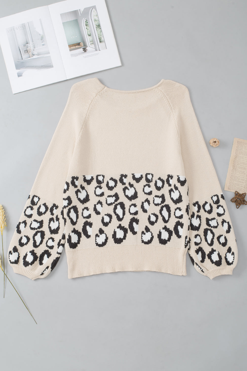 Khaki Leopard Patchwork Knitted Puff Sleeve Sweater Sweaters & Cardigans JT's Designer Fashion