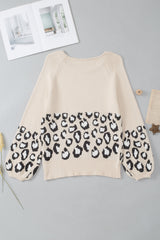 Khaki Leopard Patchwork Knitted Puff Sleeve Sweater Sweaters & Cardigans JT's Designer Fashion