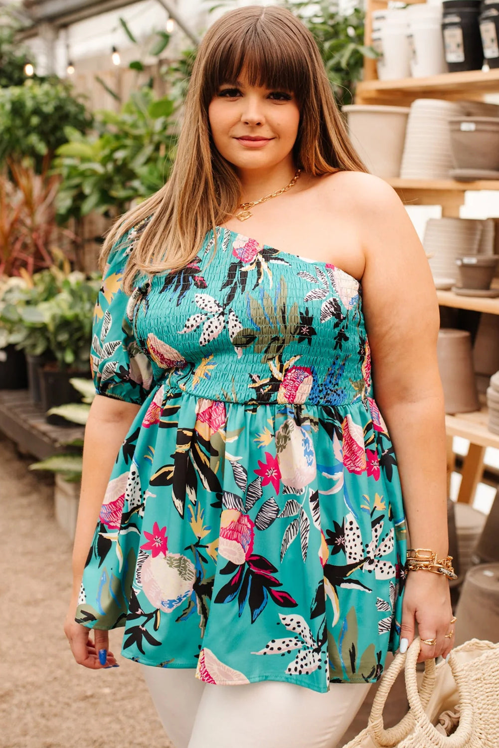 Green Plus Size Floral Smocked Bodice Single Puff Short Sleeve Babydoll Blouse Plus Size Blouses & Shirts JT's Designer Fashion