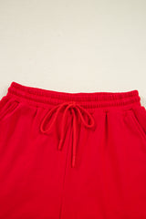 Fiery Red Varsity Striped Sleeve Drop Shoulder Sweatshirt and Short Set Short Sets JT's Designer Fashion