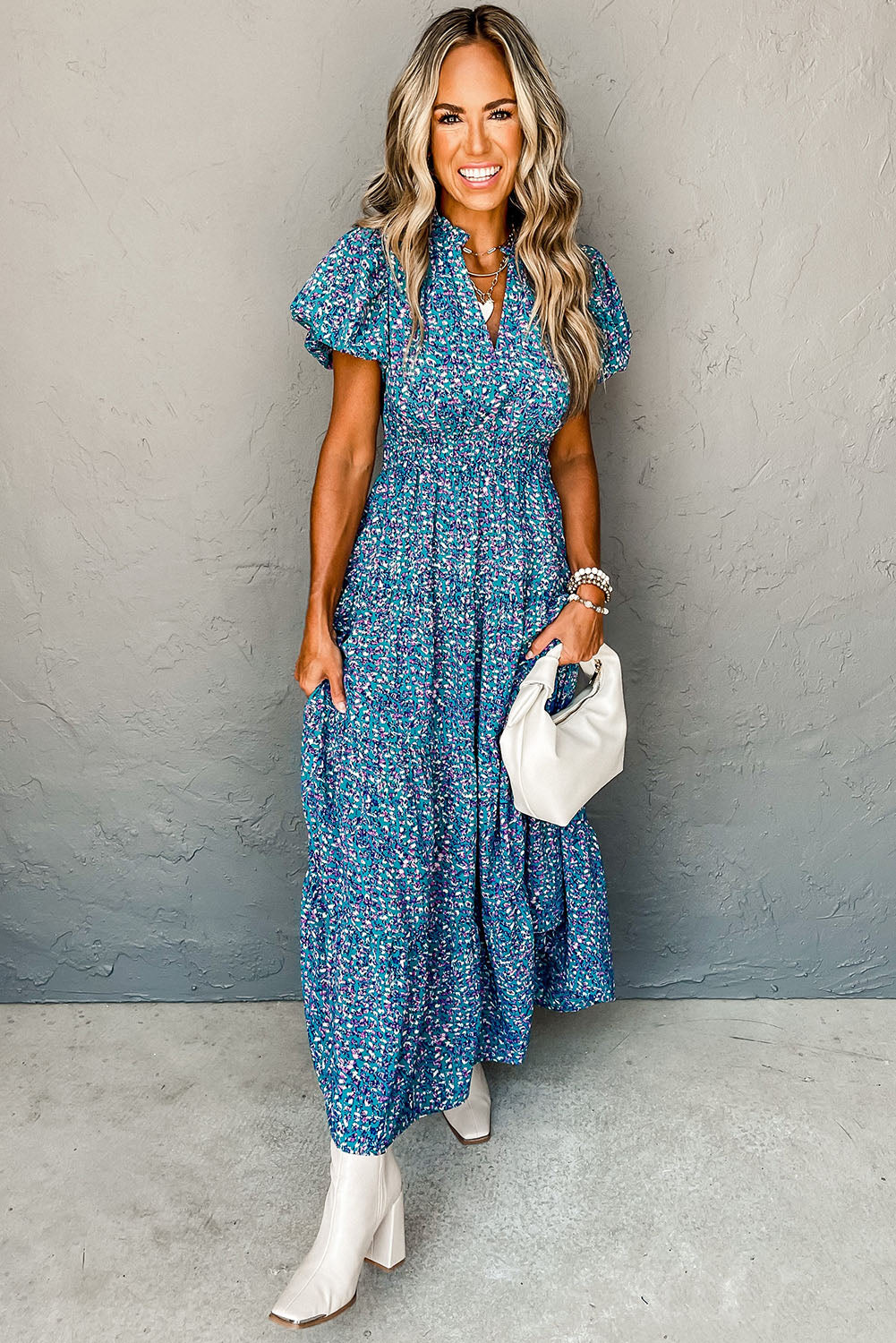 Blue Printed Split V Neck Shirred High Waist Maxi Dress Dresses JT's Designer Fashion