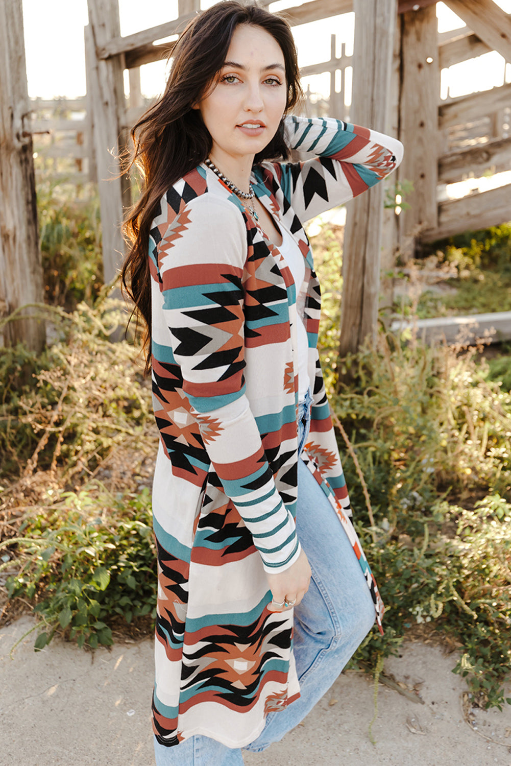 Multicolor Geometric Color Block Open Front Long Cardigan Sweaters & Cardigans JT's Designer Fashion