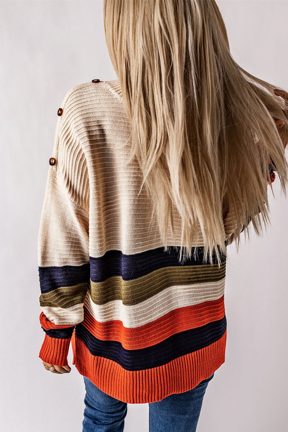 White Buttoned Shoulder Drop Shoulder Striped Sweater Sweaters & Cardigans JT's Designer Fashion