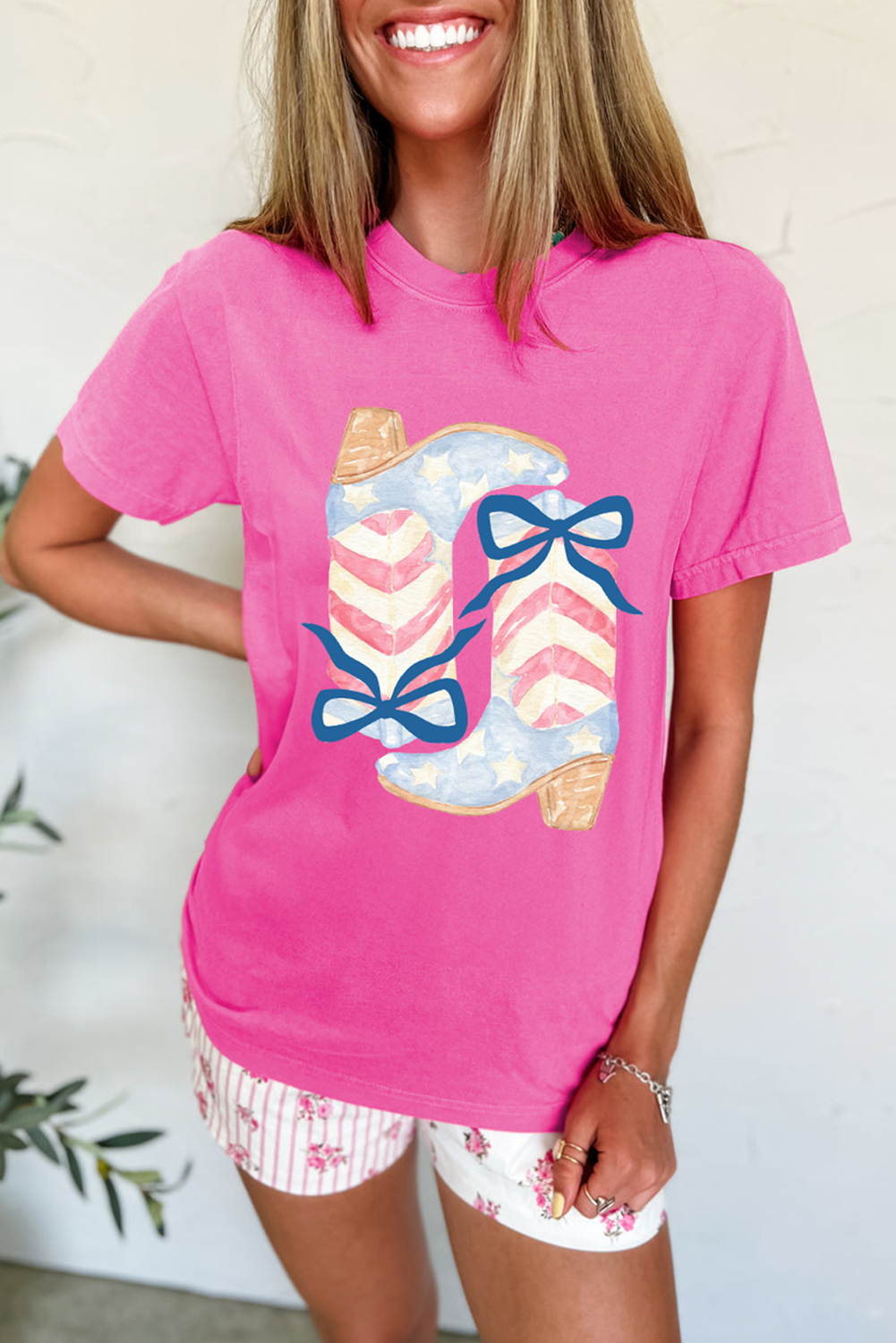 Sachet Pink Flag Pattern Boots Bow Accent Casual Graphic Tee Graphic Tees JT's Designer Fashion