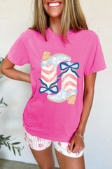 Sachet Pink Flag Pattern Boots Bow Accent Casual Graphic Tee Graphic Tees JT's Designer Fashion