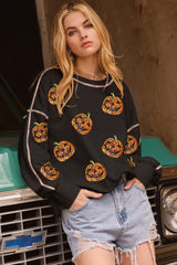 Black Sequin Pumpkin Face Graphic Exposed Seam Halloween Sweatshirt Graphic Sweatshirts JT's Designer Fashion