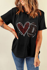 Black Rhinestone Rugby Heart Shape Graphic Crewneck T Shirt Graphic Tees JT's Designer Fashion