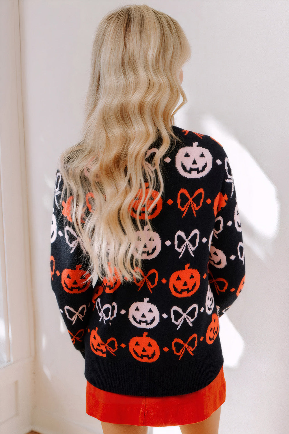 Black Halloween Pumpkin Bow Knit Button V Neck Sweater Cardigan Cardigans JT's Designer Fashion