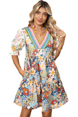 Multicolour Boho Floral Print Crochet Patchwork V Neck Loose Mini Dress Mini Dresses JT's Designer Fashion