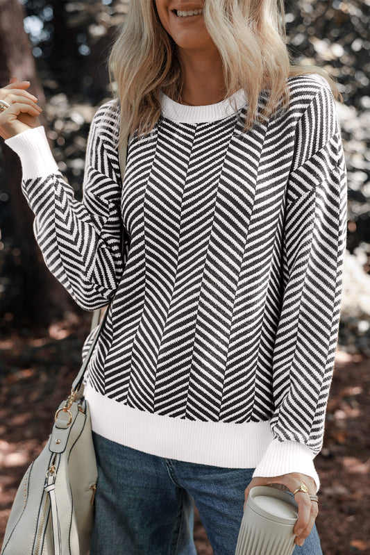 Black Contrast Edge Crew Neck Drop Shoulder Sweater Black 50%Viscose+28%Polyester+22%Polyamide Sweaters JT's Designer Fashion