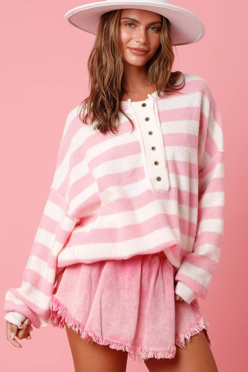 Pink Stripe Half Buttons Drop Shoulder Sweater Sweaters JT's Designer Fashion
