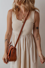 Beige Scoop Neck Ribbed Bodice Pleated Sleeveless Long Dress Maxi Dresses JT's Designer Fashion
